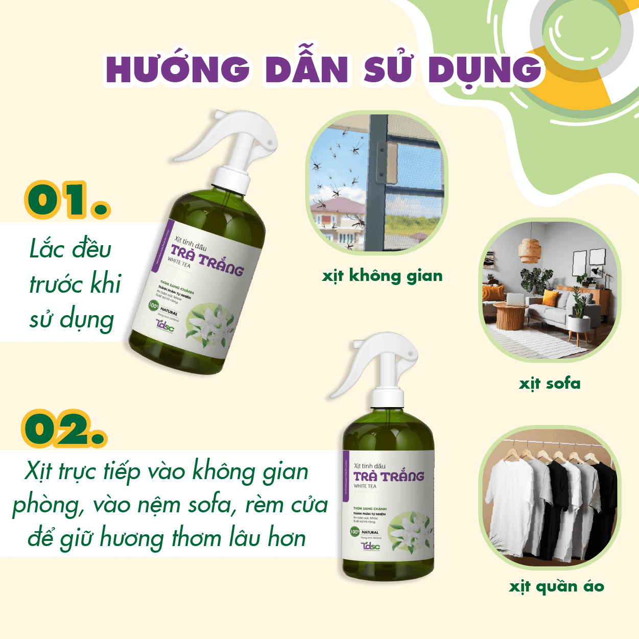 huong-dan-su-dung Hướng dẫn sử dụng Xịt Phòng Tinh Dầu Trà Trắng