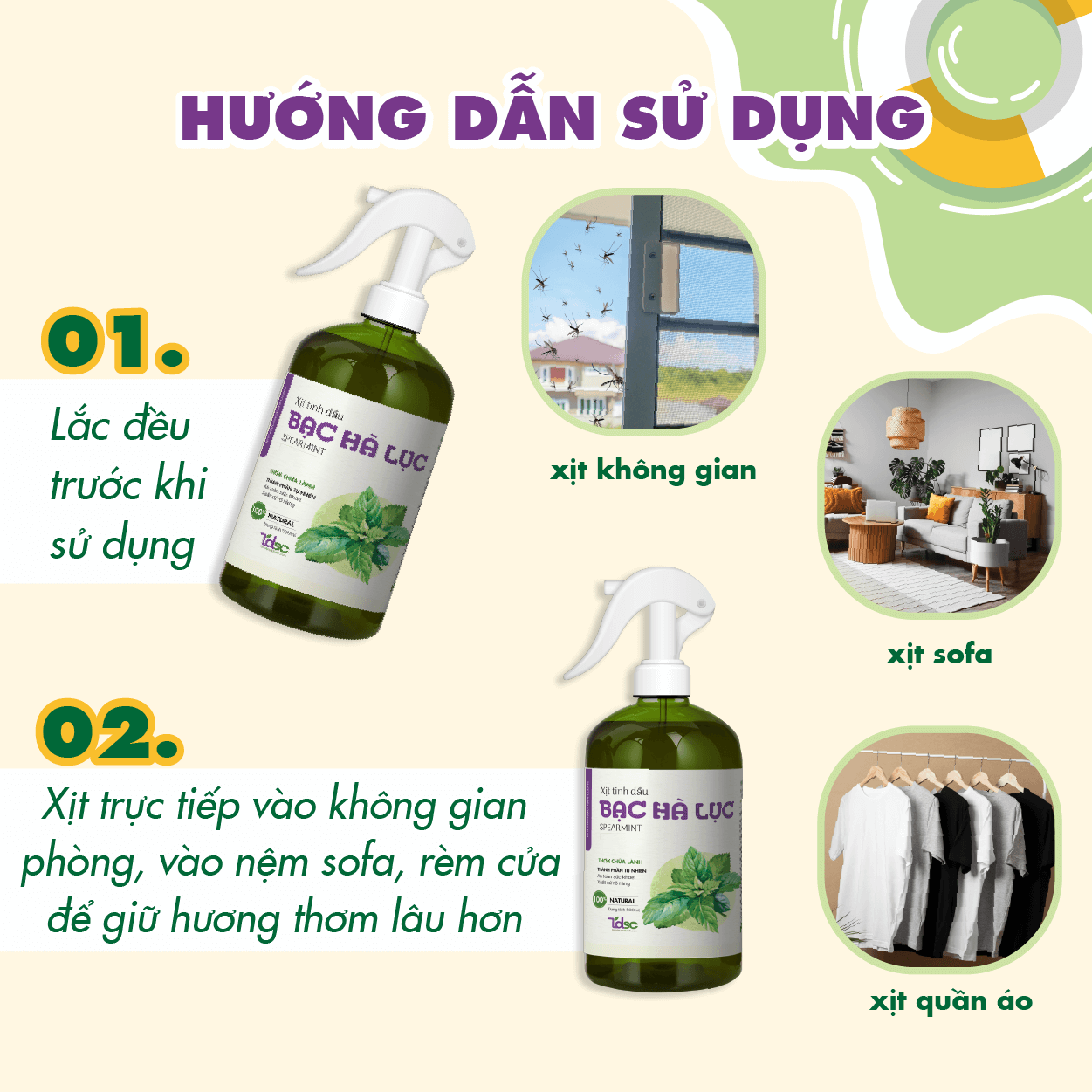 huong-dan-su-dung Hướng dẫn sử dụng Xịt phòng tinh dầu Bạc Hà Lục.